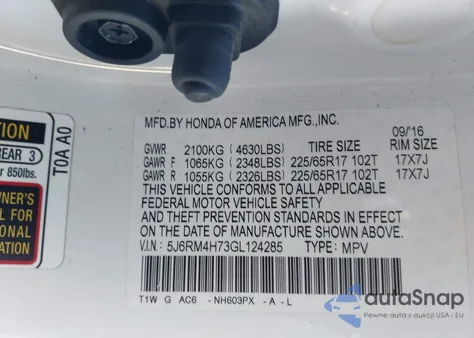 2016 Honda Cr-V Ex-L z USA, uszkodzony, nr VIN 5J6RM4H73GL124285